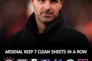 稳!阿森纳完成连续7场零封,同时打进14球