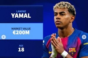 德转列16-25岁各年龄最高身价:亚马尔2亿,贝林、哈兰德均1.8亿